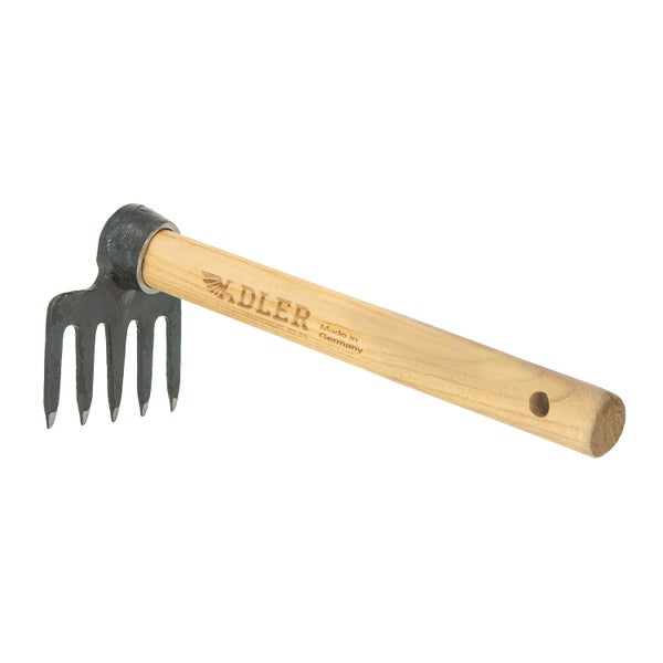 Adler Gartenhacke mit vier Zinken und einem Stiel aus Holz