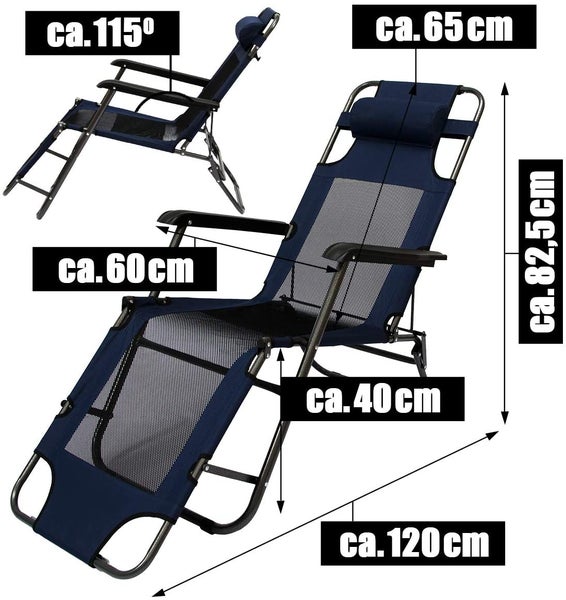 Abbildung eines verstellbaren Liegestuhls mit Maßangaben.