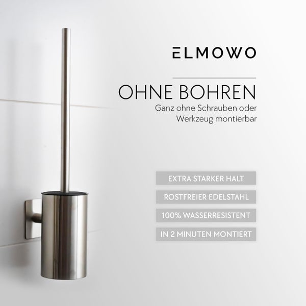 ELMOWO WC Bürstengarnitur aus rostfreiem Edelstahl zur Wandmontage ohne Bohren mit extra starkem Halt und wasserresistent
