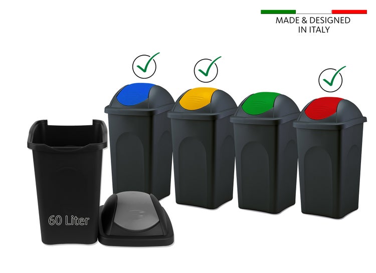 BigDean 3x Mülleimer groß 60L - schwarz - mit Schwingdeckel gelb, rot & blau - aus Kunststoff - Müllsammler Abfalleimer Mülltonne Abfallbehälter - Made in Italy