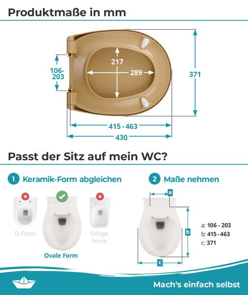Maßskizze eines ovalen WC Sitzes mit Montageanleitung zur Prüfung der Passform auf verschiedenen WC Keramiken.