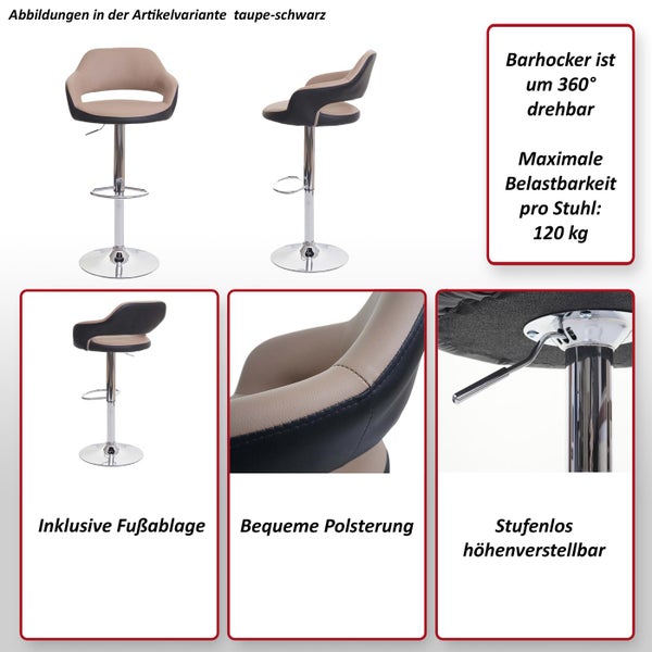 Drehbarer Barhocker mit Fußablage und gepolsterter Sitzfläche, maximale Belastbarkeit 120 Kilogramm.