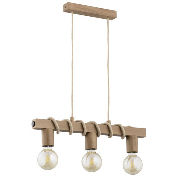 Dreiflammige Pendelleuchte aus Holz mit Seilwicklungen und drei offenen Leuchtmitteln im rustikalen Design