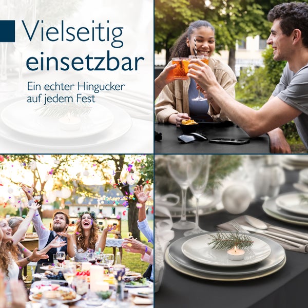 Collage mit festlich gedeckten Tischen, Tellern mit Teelichtern und Personen, die im Freien feiern und anstoßen.