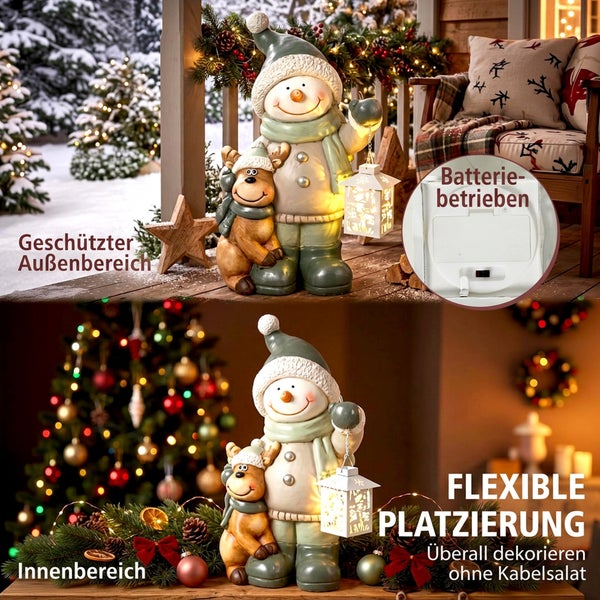 Dekorative Schneemannfigur mit Rentier und Laterne für den Innenbereich und geschützten Außenbereich, batteriebetrieben für flexible Platzierung.