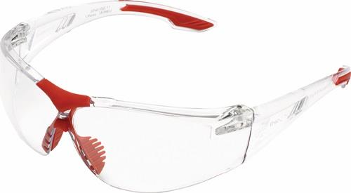 Schutzbrille mit transparenten Gläsern und roten Akzenten