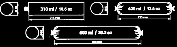 Technische Zeichnung mit Maßen für Kartuschen und Schlauchbeutel mit Volumina von 310 Milliliter, 400 Milliliter und 600 Milliliter.