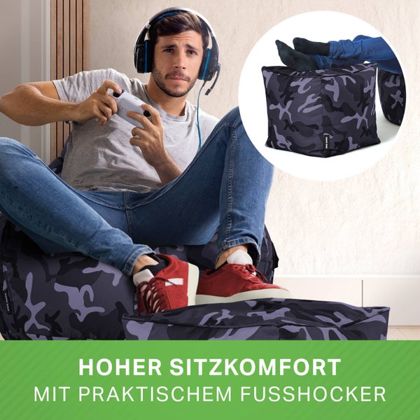 Green Bean 2er Set Sitzsack + Hocker - fertig befüllt - robust waschbar schmutzabweisend - Kinder & Erwachsene Bean Bag Bodenkissen Sitzhocker Relax-Sessel Gamer Gamingstuhl Pouf - Camouflage Schwarz