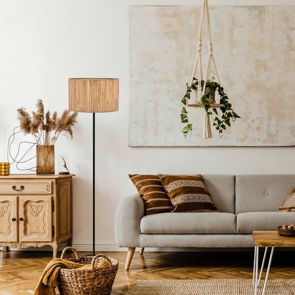Briloner Slama Stehlampe, Seegras Schirm, Ein/Aus Fußtaster, Boho-Stil, E27 Fassung, Natur, Ø35 x 161 cm