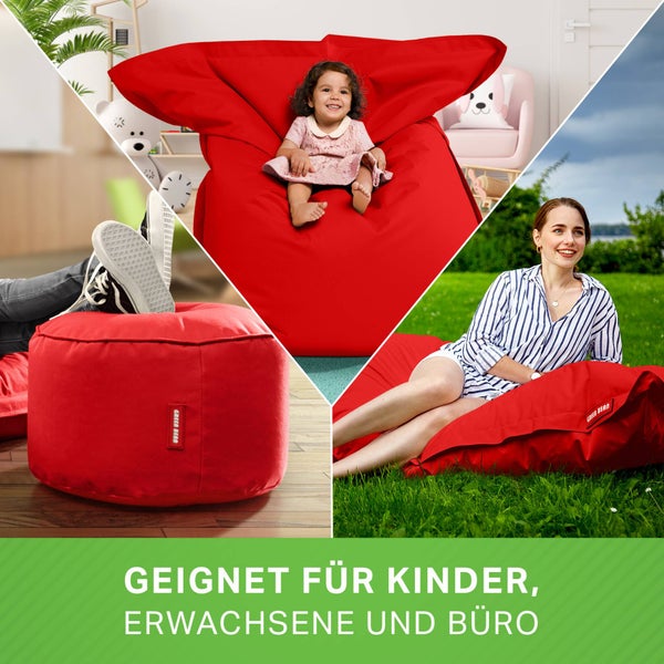 Green Bean 2er Set XXL Sitzsack inkl. Pouf fertig befüllt mit EPS-Perlen - Riesensitzsack 140x180 Lounge Sitz-Kissen Bean-Bag Chair  - Rot