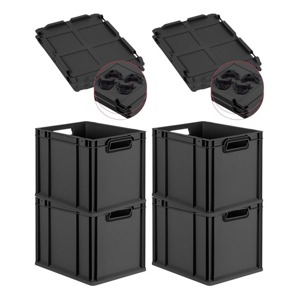 PROREGAL SuperSparSet 4x Eurobox NextGen Color mit Auflagedeckel und Schiebeschnappverschlüsse, HxBxT 32x30x40cm, 30 Liter, Schwarz, Griffe schwarz offen, Eurobehälter, Transportbox, Transportbehälter, Stapelbehälter