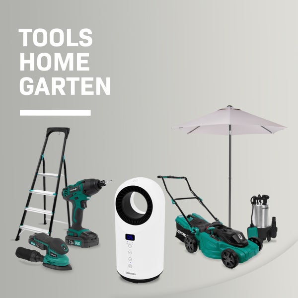 Eine Auswahl an Vonroc Werkzeugen und Gartenartikeln inklusive Akku-Schrauber, Schleifmaschine, Ventilator, Rasenmäher, Leiter und Sonnenschirm.