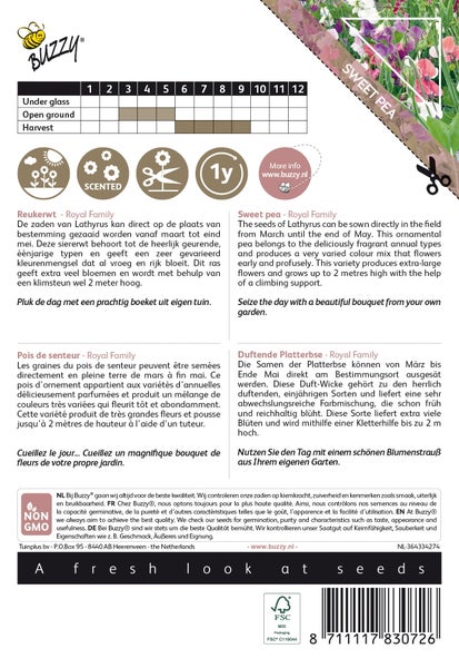 Buzzy Süßer Erbse Royal Family Samenpackung für den Anbau duftender, farbenfroher Blumen.