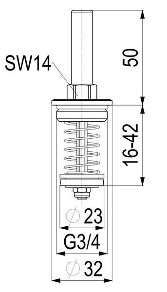 Technische Zeichnung Ventiloberteil, G 3/4 Zoll Gewinde, Feder, Maße 50 und 16 bis 42 Millimeter, Durchmesser 23 Millimeter und 32 Millimeter.
