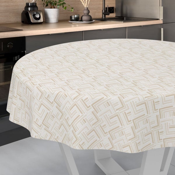 Runde Tischdecke mit beigem geometrischem Labyrinth-Muster in einer modernen Küche.