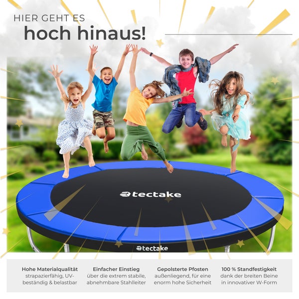 Eine Gruppe von Kindern springt auf einem runden Tectake Trampolin im Freien.