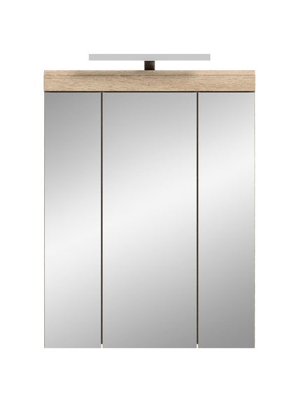 Dreitüriger Spiegelschrank für das Badezimmer mit einer Abdeckplatte in Holzoptik und integrierter LED-Aufsatzleuchte.