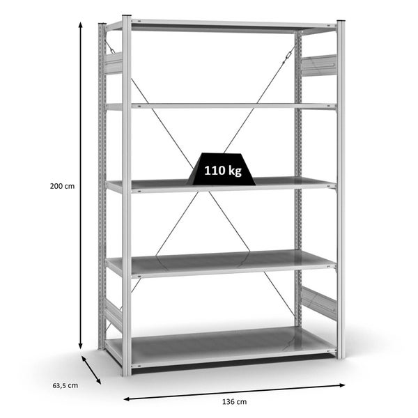 PROREGAL Profi Lagerregal Stecksystem T-Profil Grundregal HxBxT 200 x 130 x 60 cm Fachlast 110 kg Verzinkt