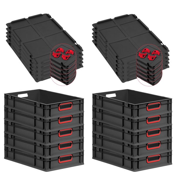 PROREGAL SparSet 10x Eurobox NextGen Color mit Auflagedeckel und Schiebeschnappverschlüsse, HxBxT 12x40x60cm, 23 Liter, Schwarz, Griffe rot offen, Eurobehälter, Transportbox, Transportbehälter, Stapelbehälter