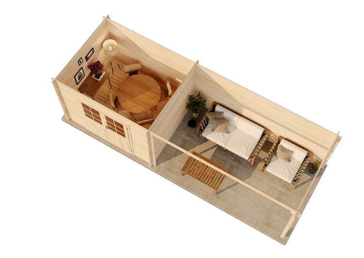 Innenansicht eines Gartenhauses mit Sitzgruppe und Terrasse