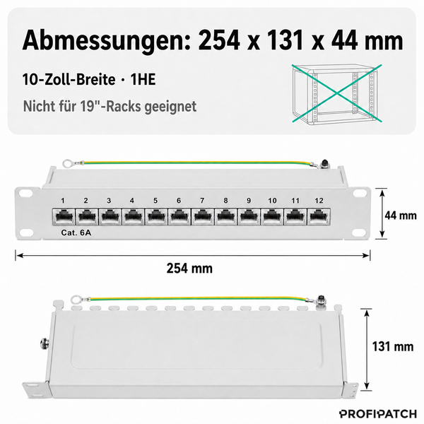 Kategorie 6A Patchpanel, 12 Port, 10 Zoll, 1 Höheneinheit, 254 x 131 x 44 Millimeter, nicht für 19 Zoll Racks, Erdungskabel, PROFIPATCH Logo.