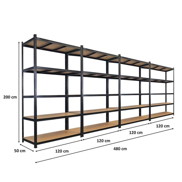 Langes, schwarzes Metallregal mit fünf Regalböden