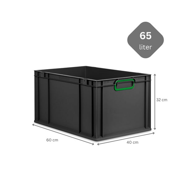 PROREGAL SparSet 5x Eurobox NextGen Color, HxBxT 32x40x60cm, 65 Liter, Griffe grün geschlossen, Verstärkter Boden, Schwarz, Eurobehälter, Transportbox, Transportbehälter, Stapelbehälter