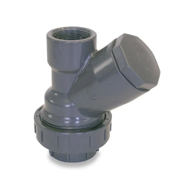 PVC-U Rückschlagventil Schrägsitz mit Innengewinde und Überwurfmutter für Rohrleitungen und Teichbau.
