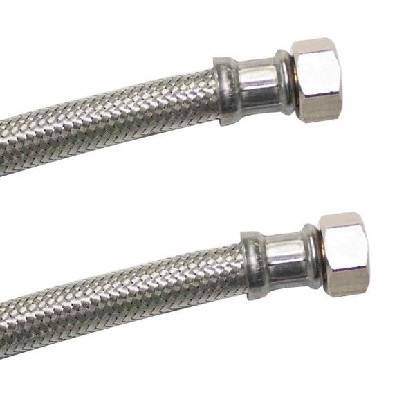 Zwei flexible Anschlussschläuche aus geflochtenem Edelstahl mit Überwurfmuttern für Sanitärarmaturen.