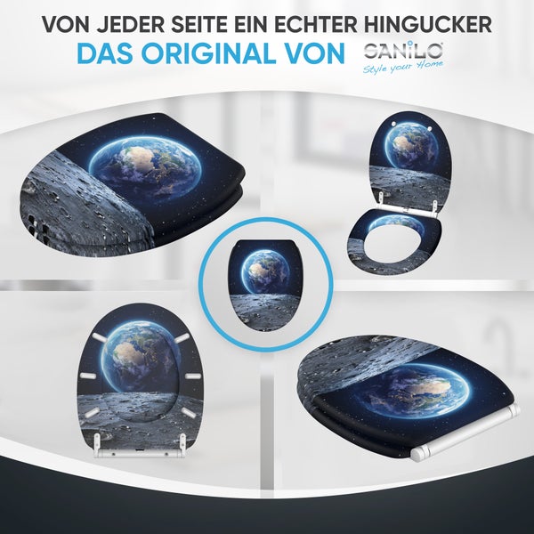 Sanilo Toilettensitz mit Weltraum-Motiv Erde und Mond, aus fünf verschiedenen Perspektiven dargestellt. Sanilo Logo.