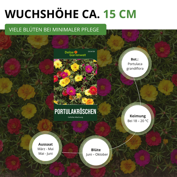 Deine Gartenwelt Logo, Samen Portulakröschen Mischung. Wuchshöhe circa 15 cm, Blüte Juni bis Oktober, Keimung bei 18 bis 20 Grad Celsius.