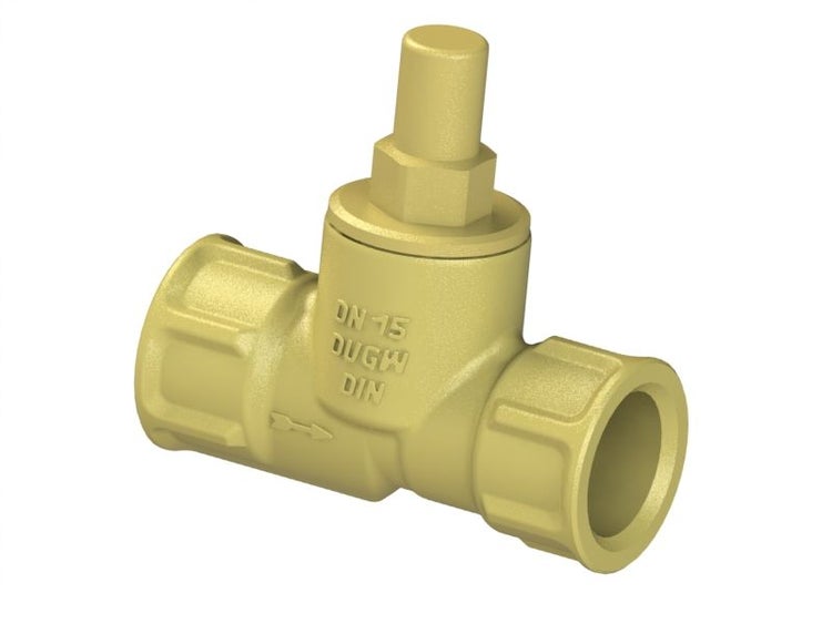 Messing-Muffenschieber DN 15 mit DVGW- und DIN-Kennzeichnung sowie Durchflussrichtungspfeil.