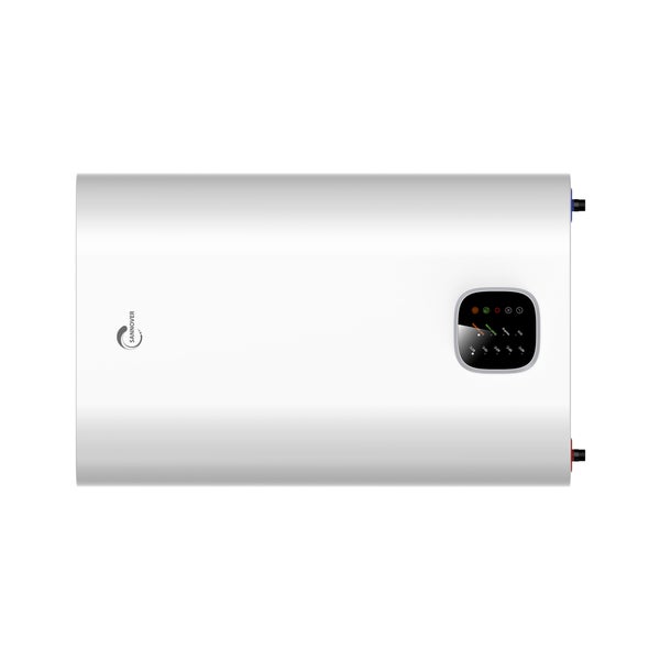Sannover elektrischer Warmwasserspeicher in horizontaler Ausführung mit digitalem Display für Temperaturen von 40 bis 80 Grad Celsius.
