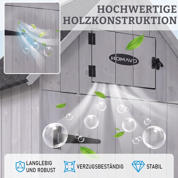 Hochwertige graue Holzkonstruktion mit Belüftung, Homavo Logo und Symbolen für Langlebigkeit, Robustheit, Verzugsbeständigkeit und Stabilität.