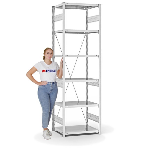 PROREGAL Fachbodenregal Stecksystem T-Profil Medium-Duty Grundregal HxBxT 250 x 75 x 50 cm 6 Ebenen Fachlast 230 kg Einseitig Nutzbar Lichtgrau