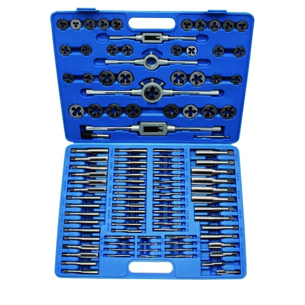 Satz Schneideisen und Gewindebohrer in einer blauen Aufbewahrungsbox