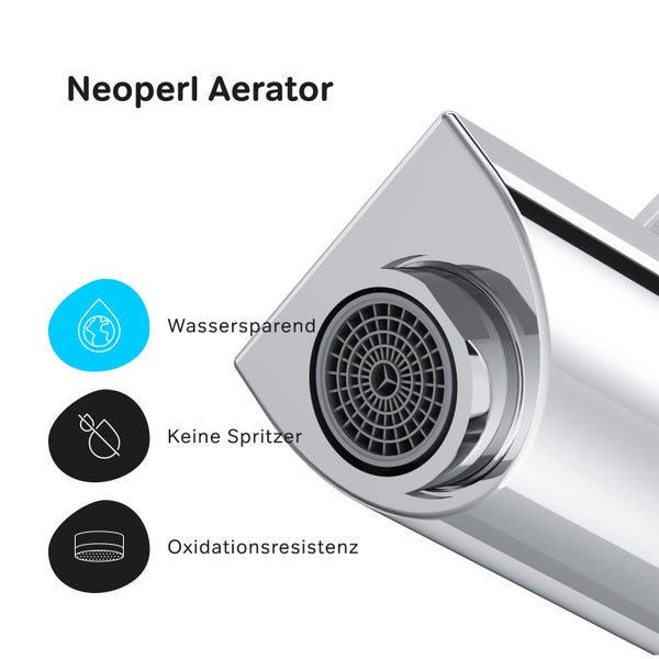 Neoperl Perlator mit Symbolen für Wassersparen, Spritzschutz und Oxidationsresistenz