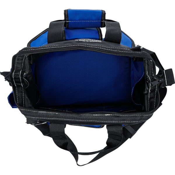 Draufsicht einer geöffneten Werkzeugtasche aus blauem und schwarzem Textilgewebe mit großem Hauptfach und stabilen Tragegriffen.