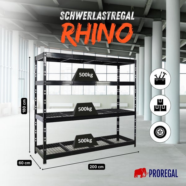 Schwarzes Schwerlastregal Rhino von Proregal. Maße einhundertachtzig mal zweihundert mal sechzig Zentimeter. Tragkraft fünfhundert Kilogramm. Proregal Logo.