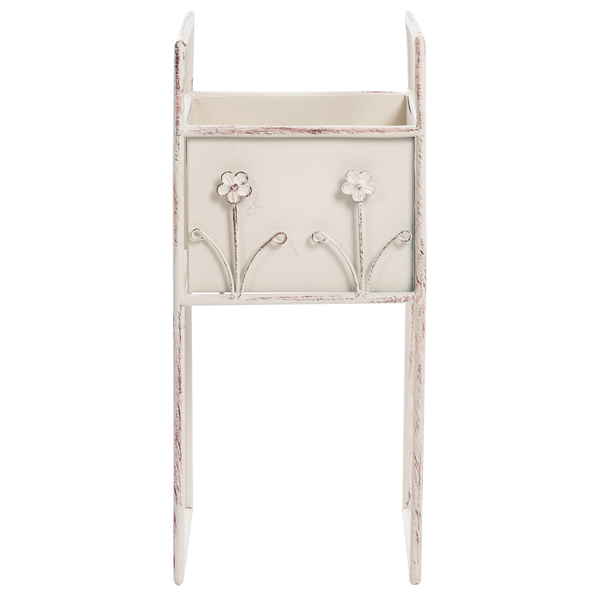 Blumenständer aus Metall im Vintage-Stil, rechteckiger Pflanzkasten mit Blumenrelief und Beinen, cremefarben mit künstlichen Gebrauchsspuren.