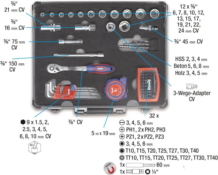 kwb Werkzeug-Koffer inkl. Werkzeug-Set, 99-teilig, gefüllt, robust und hochwertig, ideal für den Haushalt oder die Garage, im stabilen Alu-Koffer