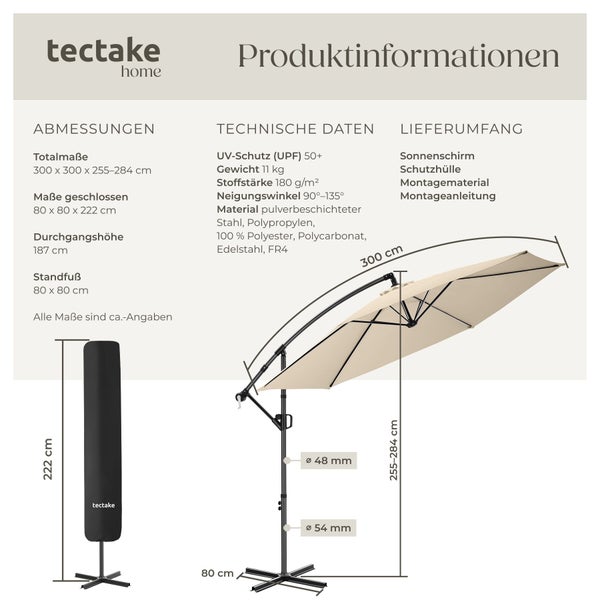 tectake home Logo. Ampelschirm, 300 mal 300 Zentimeter, Höhe 255 bis 284 Zentimeter, UV-Schutz 50 plus, inklusive Schutzhülle.