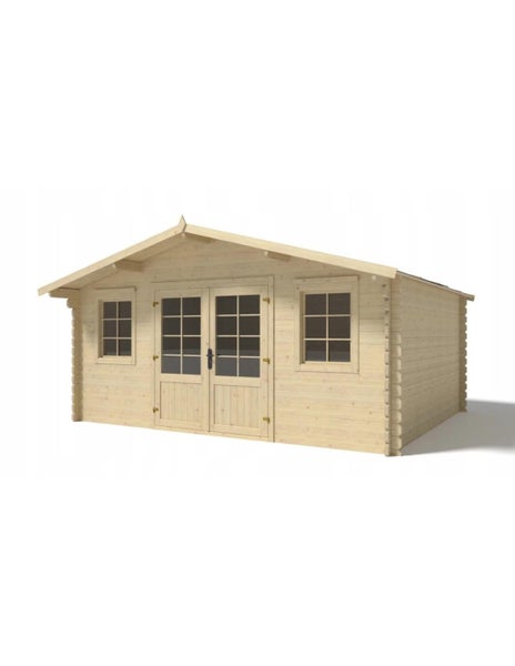 Gartenhaus aus Holz mit Satteldach, Doppeltür und zwei Fenstern, ideal als Geräteschuppen oder Gartenlaube.