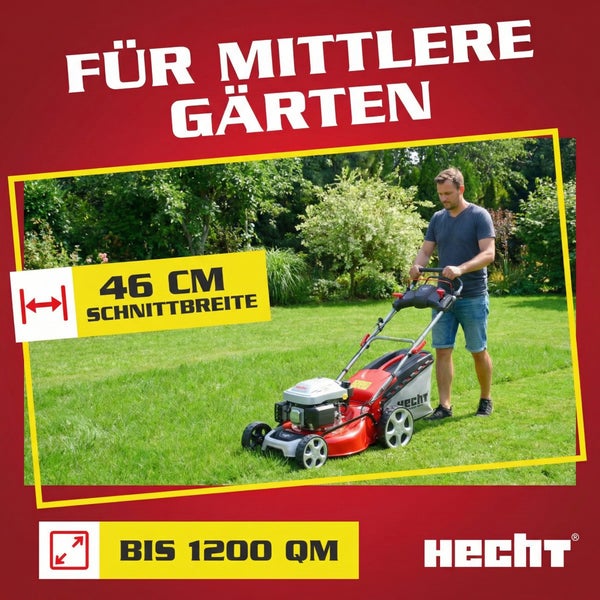 Hecht Benzin-Rasenmäher im Einsatz in einem hellen Garten, 46 Zentimeter Schnittbreite, für Flächen bis 1200 Quadratmeter, Hecht Logo.