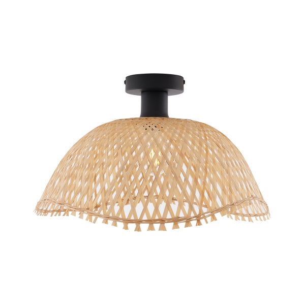Deckenleuchte aus Bambusgeflecht mit schwarzer Halterung im Boho Stil