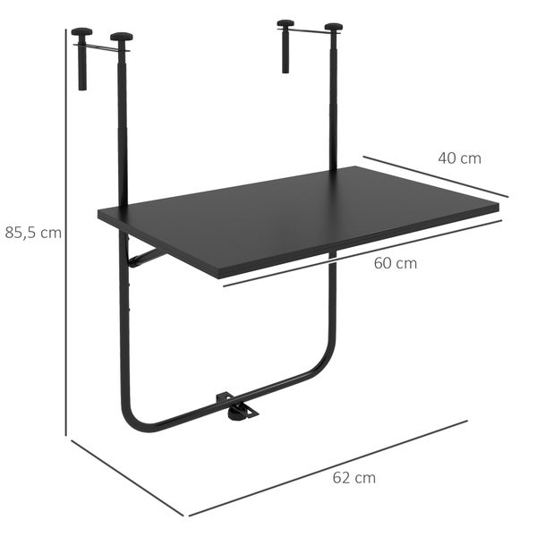 Outsunny Balkontisch zum Einhängen, klappbar Hängetisch, 3-fach höhenverstellbar, bis 15 kg belastbar, 62 x 60 cm, Metall, Schwarz