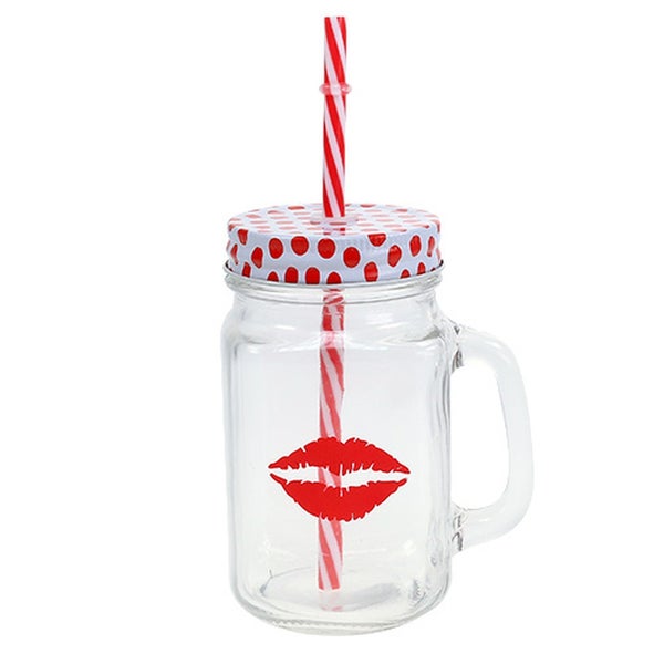 Glas mit Henkel, Deckel, Strohhalm und Lippen-Motiv