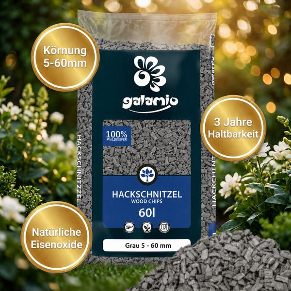 Galamio Hackschnitzel aus Waldkiefernholz in Grau, 60 Liter Packung mit einer Körnung von 5 bis 60 Millimeter und natürlicher Eisenoxidfärbung.