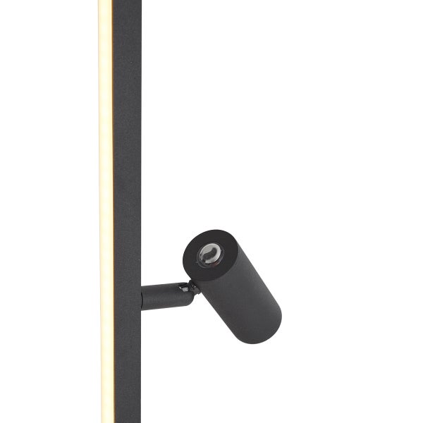 Detailansicht einer schwarzen modernen Lampe mit LED-Lichtstreifen und verstellbarem Spotstrahler.