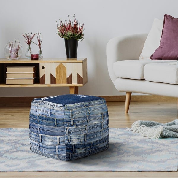 WOMO-DESIGN Sitzwürfel Pittsburgh 45cm, Blau, Unikat, handgefertigt aus Jeans, Baumwolle Füllung, Quadratischer Sitzpouf Sitzpuff Pouf Puff Sitzhocker Sitzkissen Bodenkissen Fußhocker Hocker Ottoman